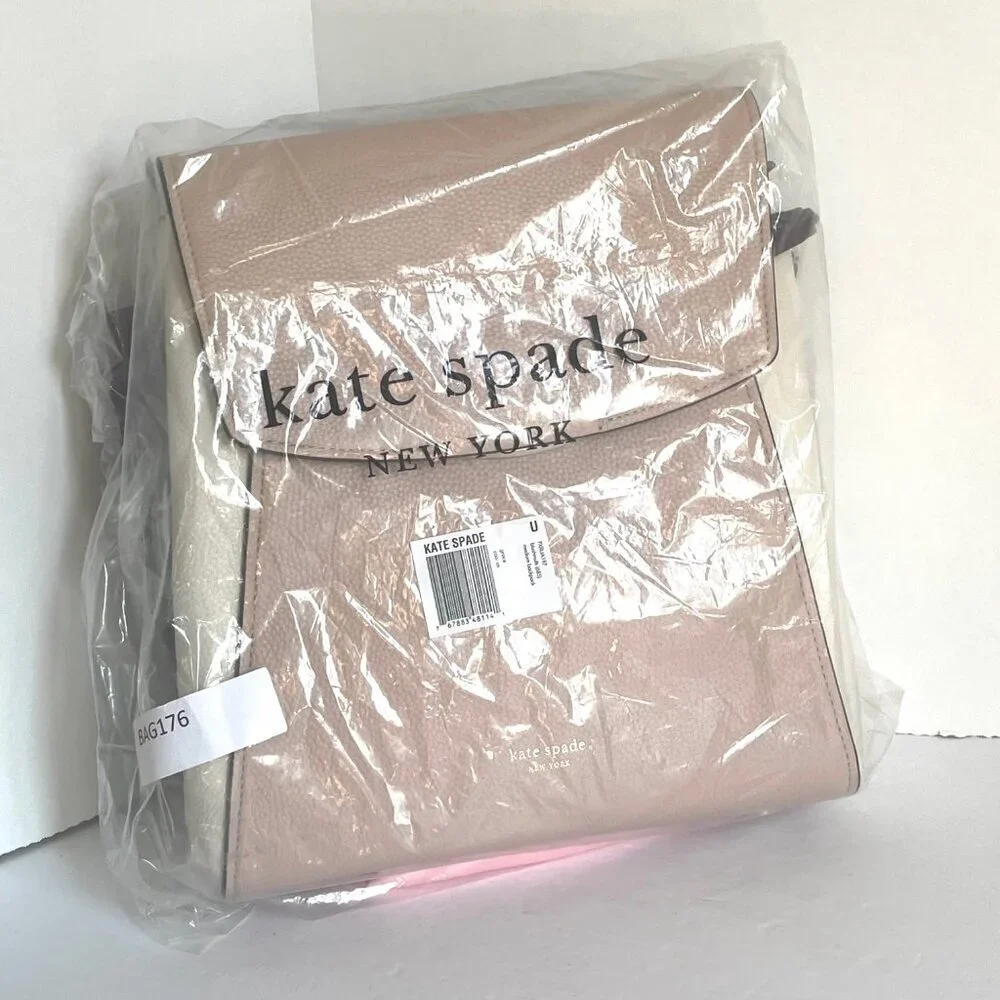 Kate Spade Grace Medium Backpack Beige Colorblock Leather Flap